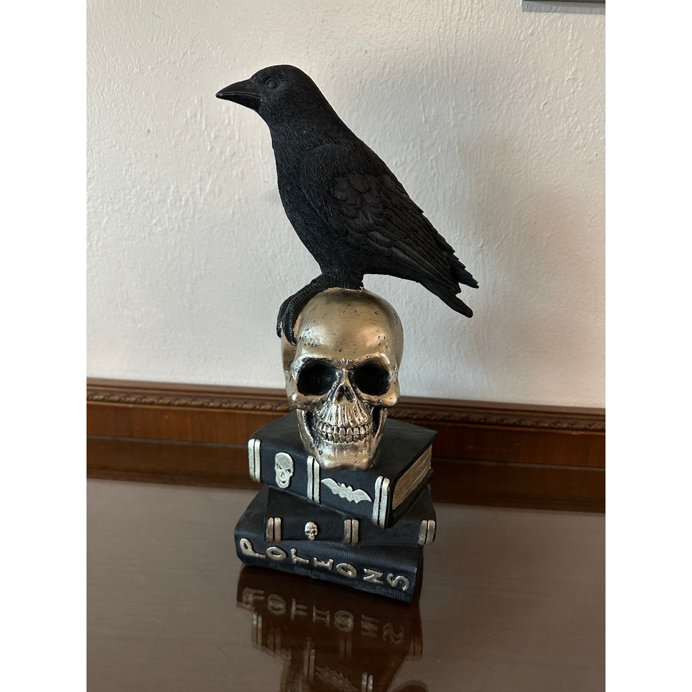 Gothic Crow on Silver Skull and Books Figurine Halloween Shelf Decor 14'' - Picture 2 of 4